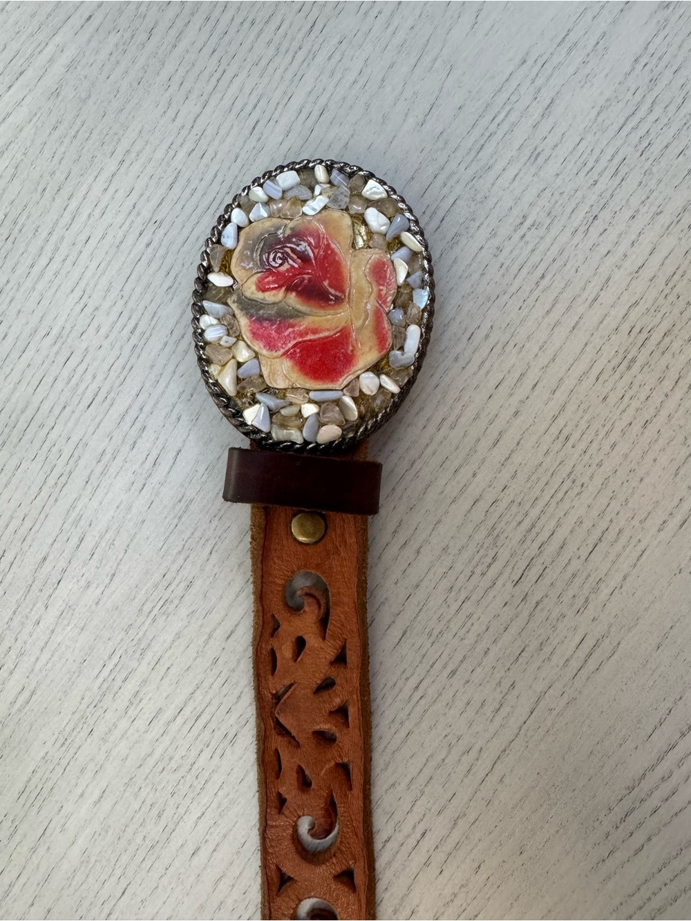 Vintage Handcrafted Leather Belt with Red Rose Mosaic Buckle